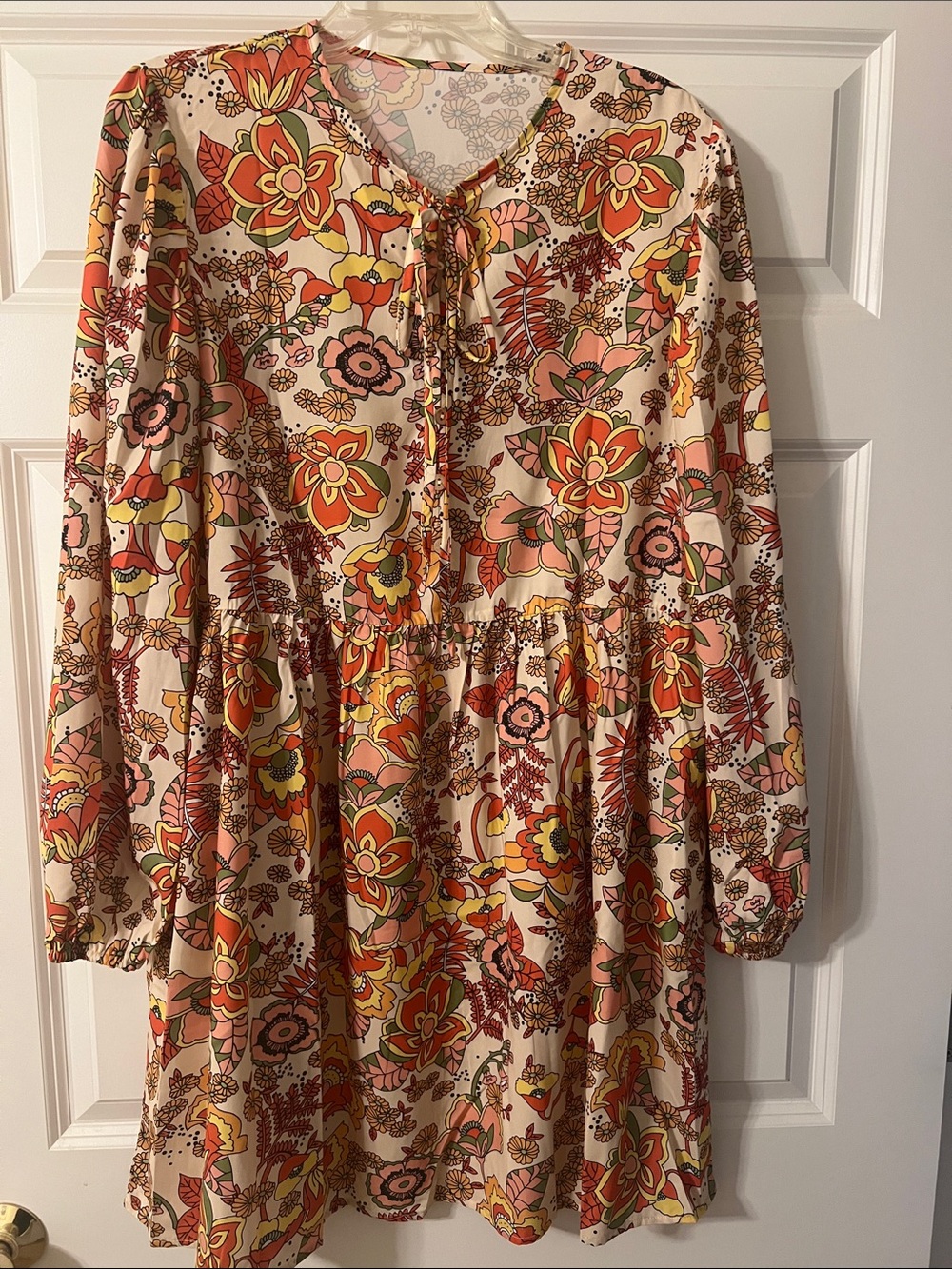 Floral Long-Sleeve Tiered Dress in Cream and Orange Floral Print